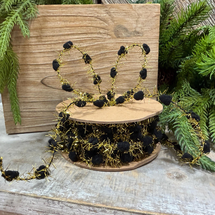 3/8" Black Pom Pom Tinsel Garland, Gold Metallic, 10 Yard Roll
