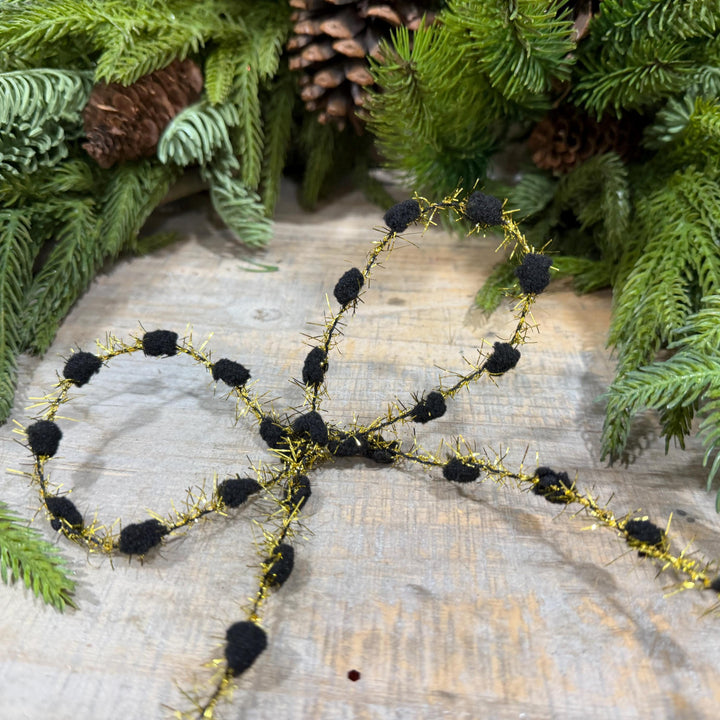3/8" Black Pom Pom Tinsel Garland, Gold Metallic, 10 Yard Roll