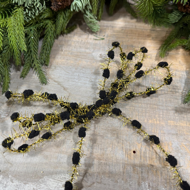 3/8" Black Pom Pom Tinsel Garland, Gold Metallic, 10 Yard Roll