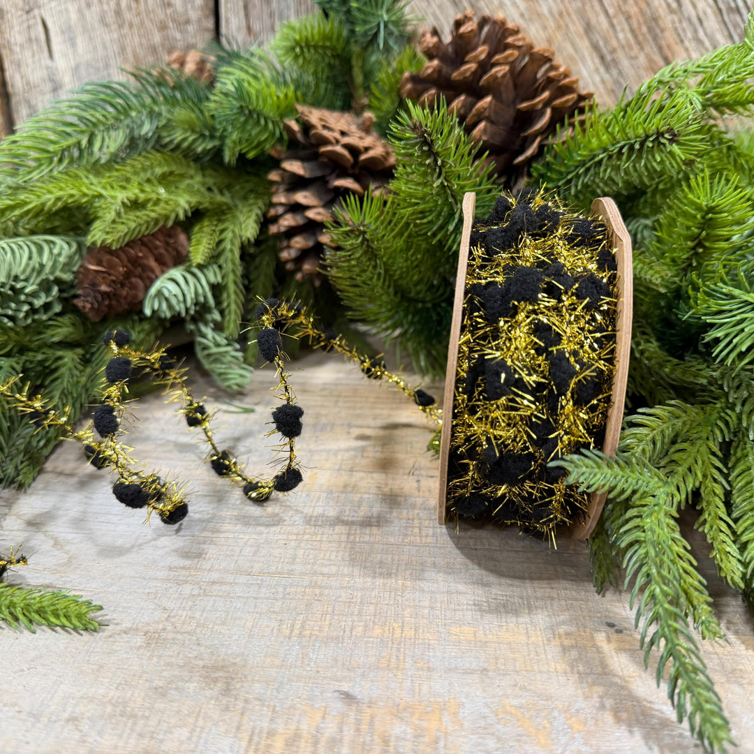 3/8" Black Pom Pom Tinsel Garland, Gold Metallic, 10 Yard Roll