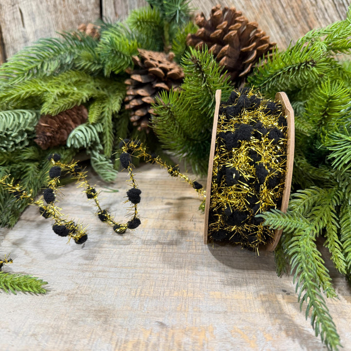 3/8" Black Pom Pom Tinsel Garland, Gold Metallic, 10 Yard Roll