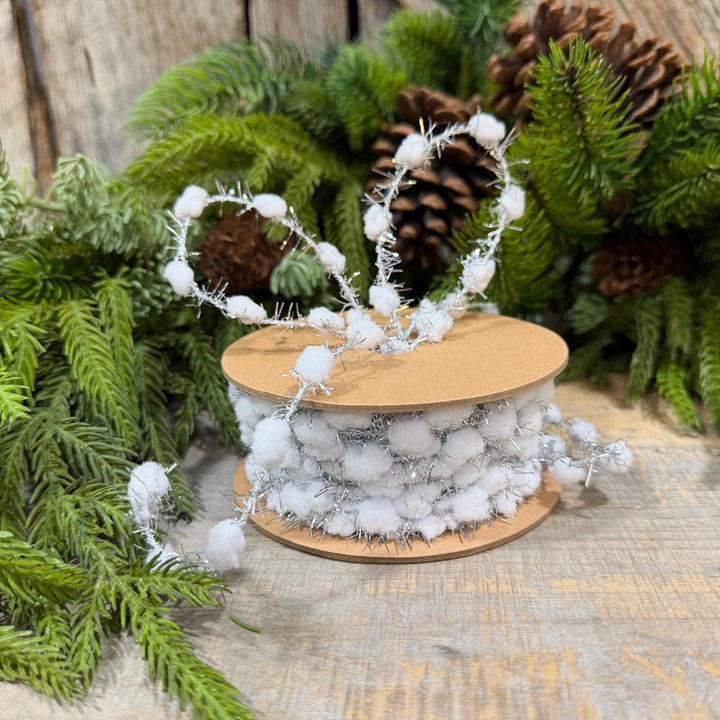 3/8" White Pom Pom Tinsel Garland, Silver Metallic