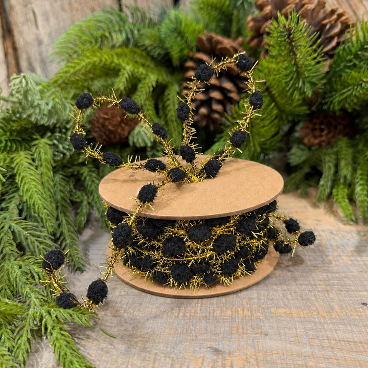 3/8" Black Pom Pom Tinsel Garland, Gold Metallic, 10 Yard Roll