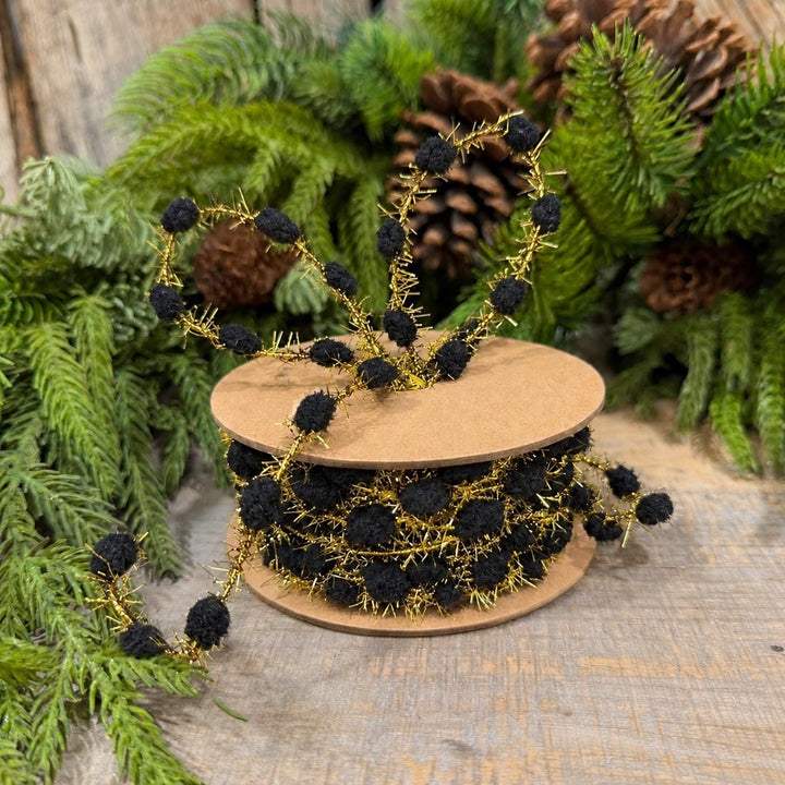 3/8" Black Pom Pom Tinsel Garland, Gold Metallic, 10 Yard Roll