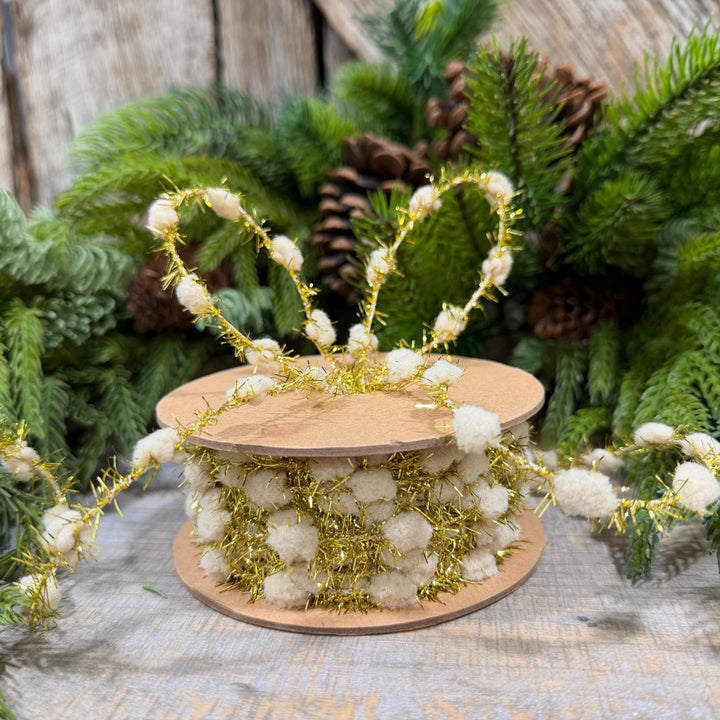 3/8" Ivory Pom Pom Tinsel Garland, Gold Metallic, 10 Yard Roll