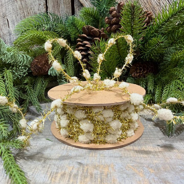 3/8" Ivory Pom Pom Tinsel Garland, Gold Metallic, 10 Yard Roll