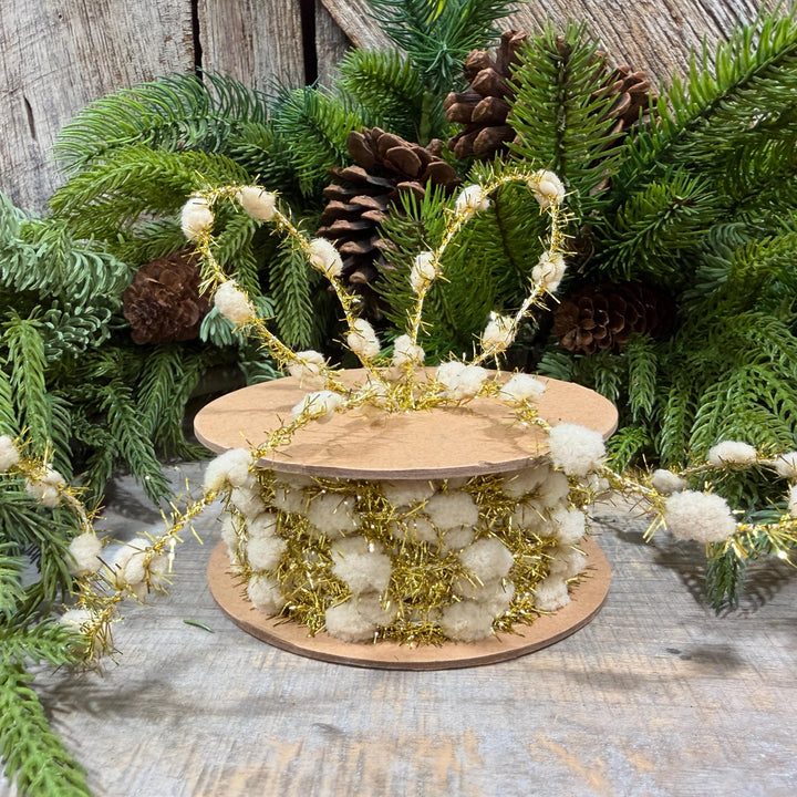 3/8" Ivory Pom Pom Tinsel Garland, Gold Metallic, 10 Yard Roll