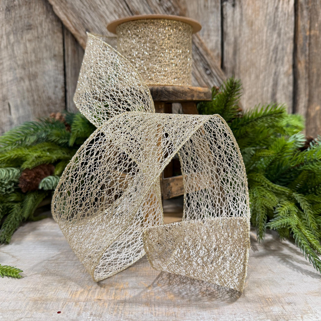 3" White Gold Mesh Wired Christmas Ribbon, 10 Yard Roll