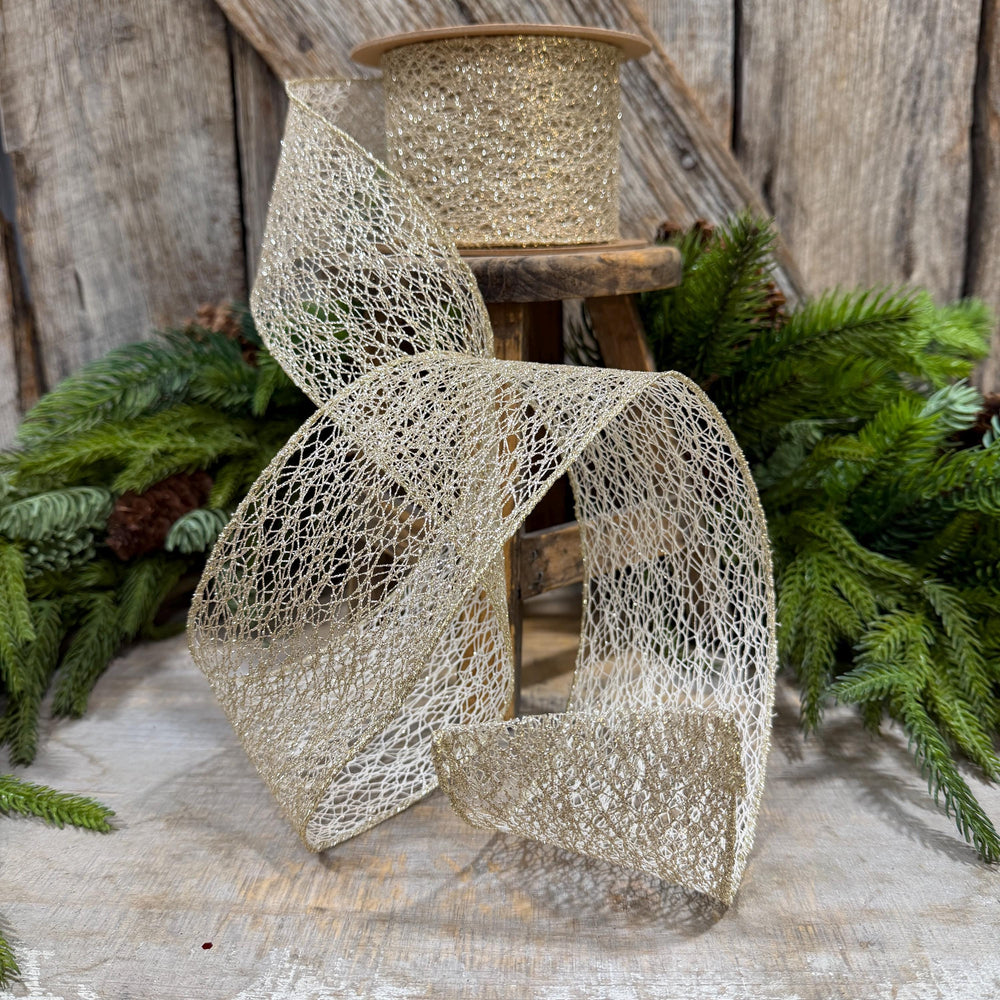 3" White Gold Mesh Wired Christmas Ribbon, 10 Yard Roll