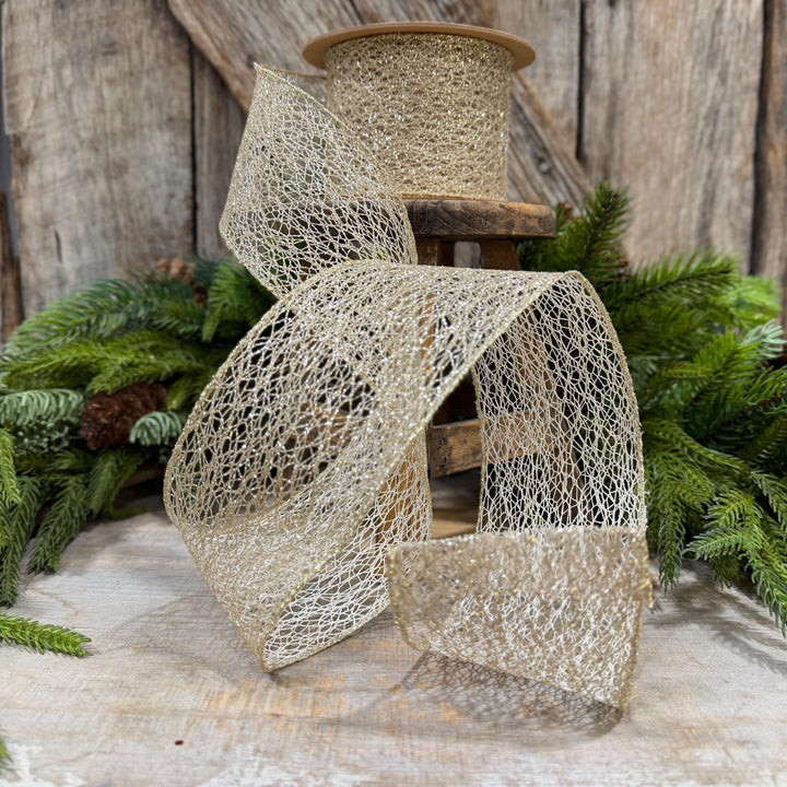 3" White Gold Mesh Wired Christmas Ribbon, 10 Yard Roll