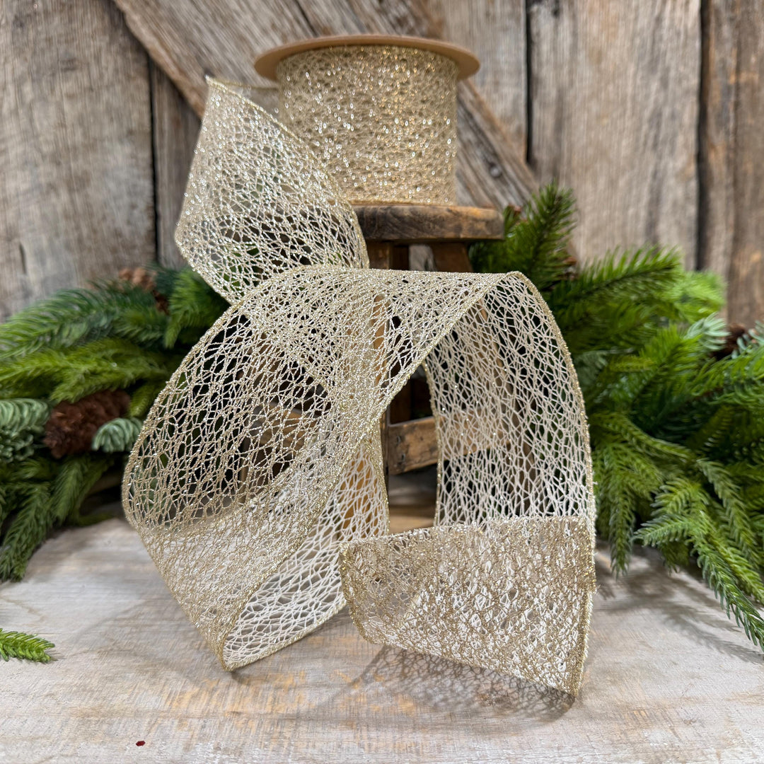 3" White Gold Mesh Wired Christmas Ribbon, 10 Yard Roll