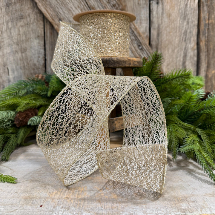 3" White Gold Mesh Wired Christmas Ribbon, 10 Yard Roll