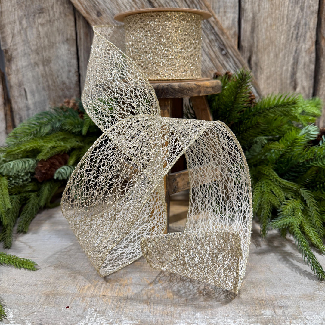 3" White Gold Mesh Wired Christmas Ribbon, 10 Yard Roll