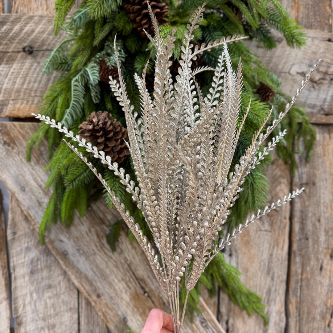 22" Champagne Gold Metallic Beaded Grass Bush, Christmas Greenery, Holiday Wreath Filler, Tree Spray