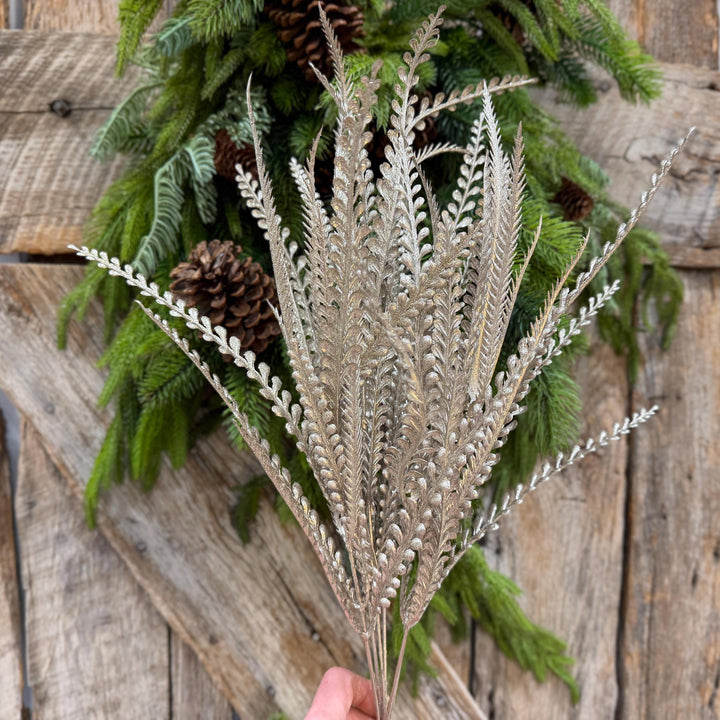 22" Champagne Gold Metallic Beaded Grass Bush, Christmas Greenery, Holiday Wreath Filler, Tree Spray