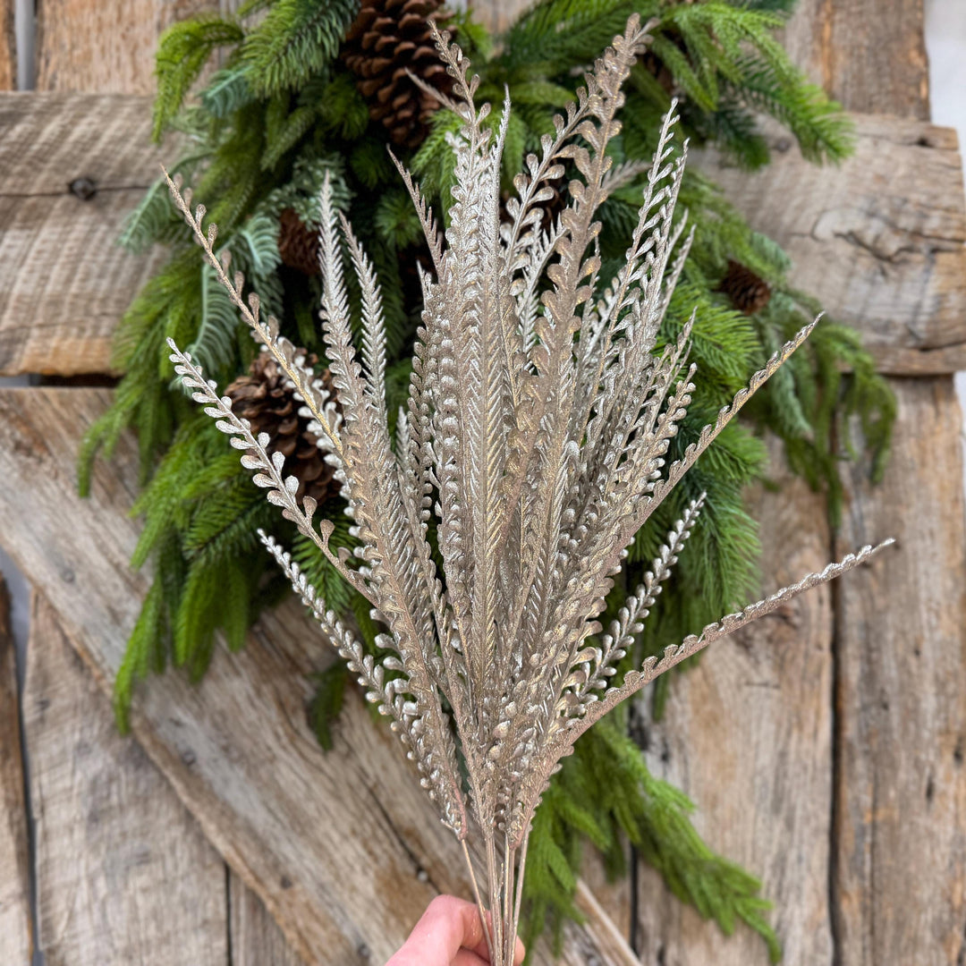 22" Champagne Gold Metallic Beaded Grass Bush, Christmas Greenery, Holiday Wreath Filler, Tree Spray