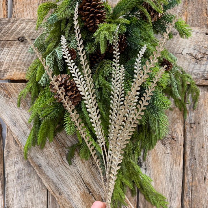 33" Champagne Glitter Leaf Spray, Tree Topper Floral Pick