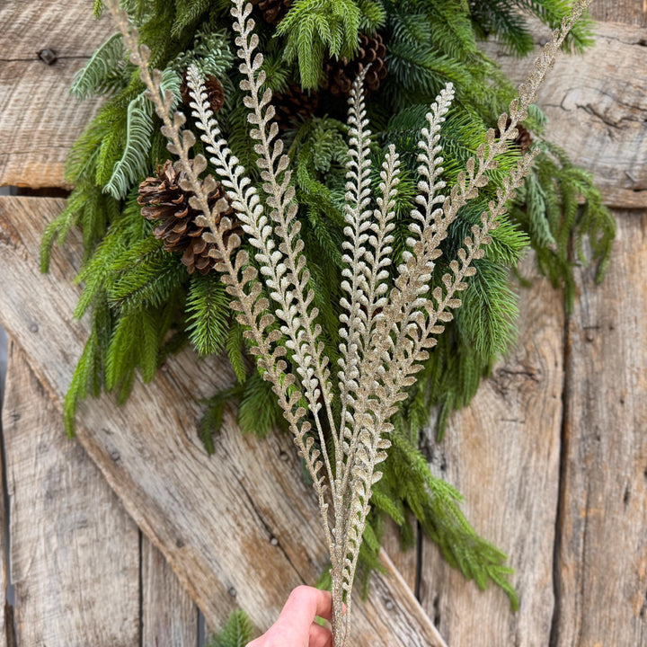 33" Champagne Glitter Leaf Spray, Tree Topper Floral Pick