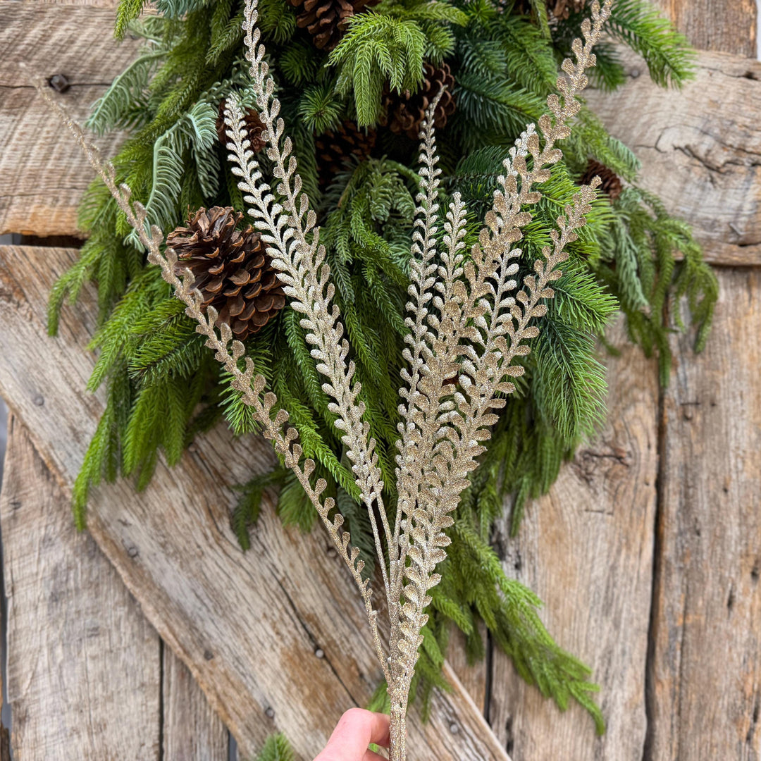 33" Champagne Glitter Leaf Spray, Tree Topper Floral Pick