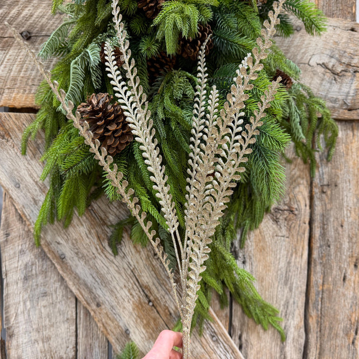 33" Champagne Glitter Leaf Spray, Tree Topper Floral Pick