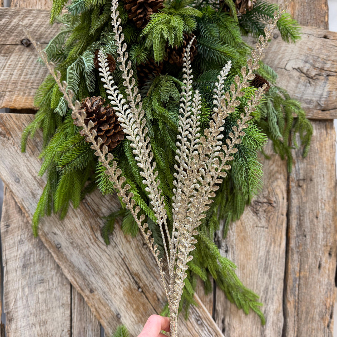 33" Champagne Glitter Leaf Spray, Tree Topper Floral Pick