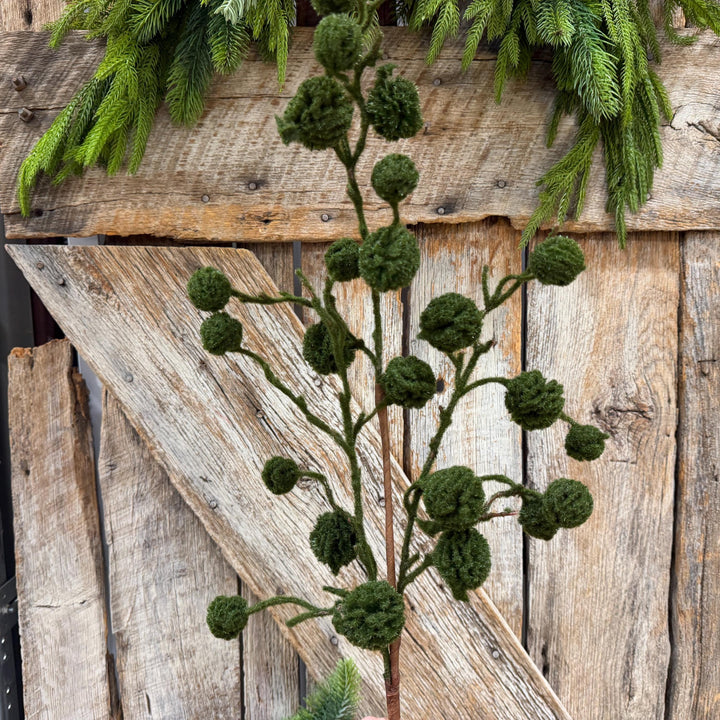 36" Moss Green Pom Pom Twig Spray, Christmas Moss Stem