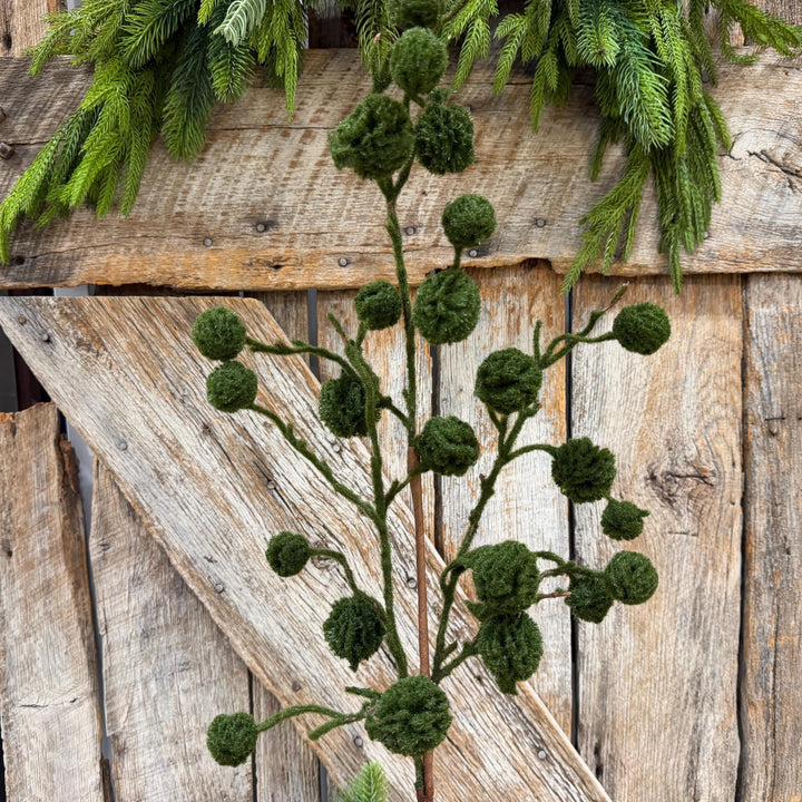 36" Moss Green Pom Pom Twig Spray, Christmas Moss Stem