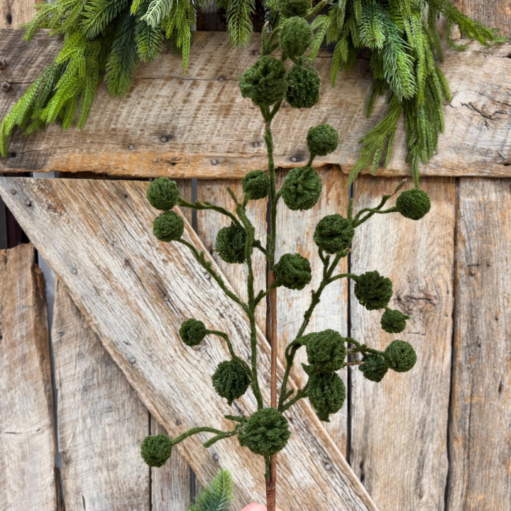 36" Moss Green Pom Pom Twig Spray, Christmas Moss Stem