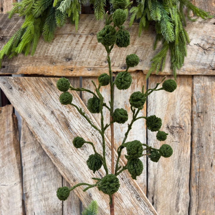 36" Moss Green Pom Pom Twig Spray, Christmas Moss Stem
