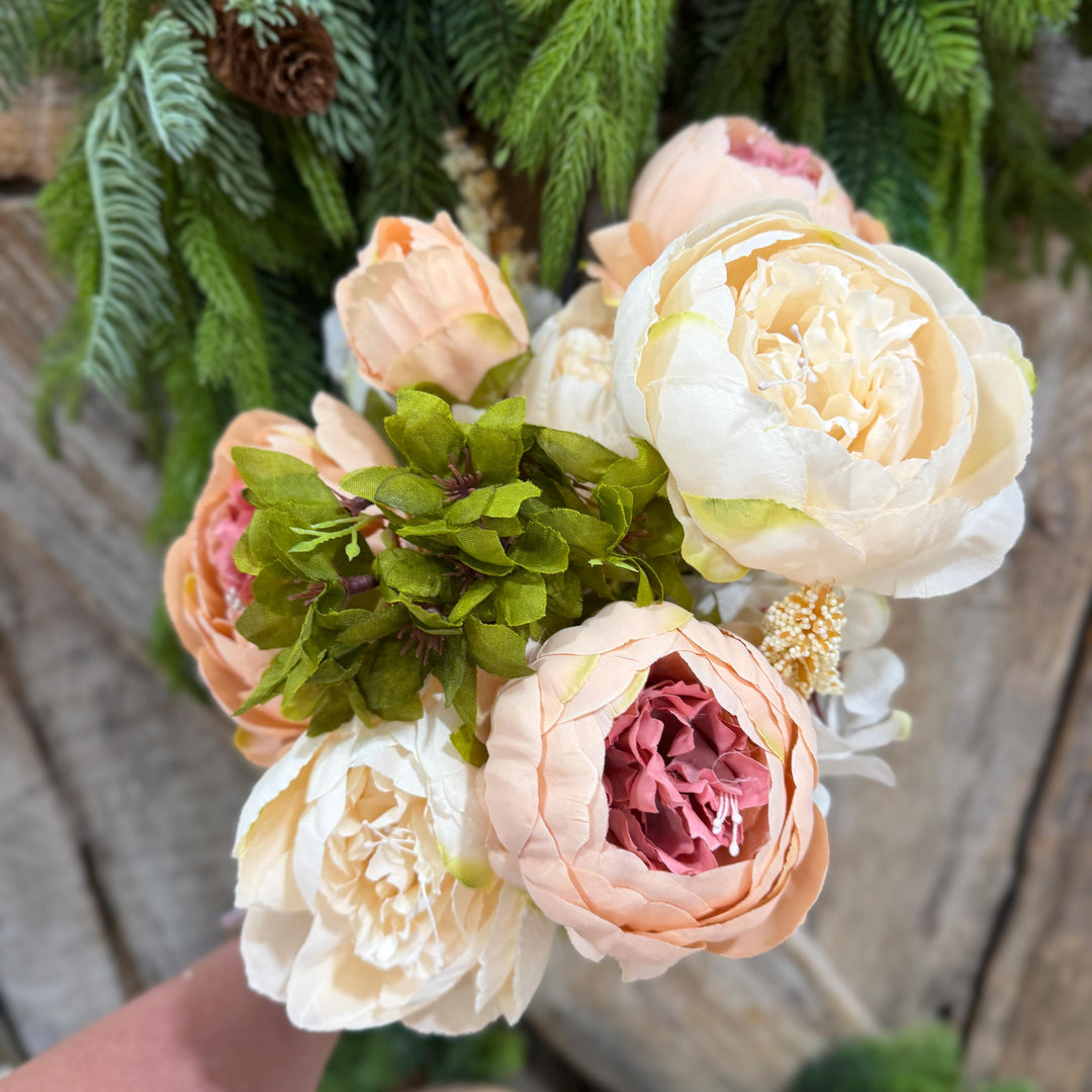 20" Taupe Beige &amp; Ivory Mixed Peony Bush, Artificial Floral Bouquet