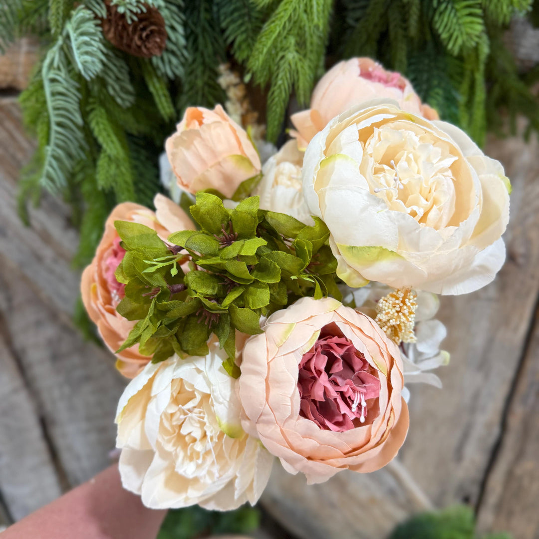 20" Taupe Beige &amp; Ivory Mixed Peony Bush, Artificial Floral Bouquet