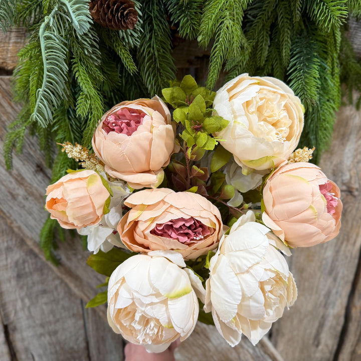 20" Taupe Beige &amp; Ivory Mixed Peony Bush, Artificial Floral Bouquet