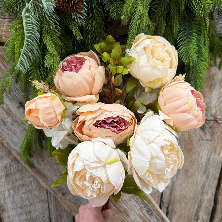 20" Taupe Beige &amp; Ivory Mixed Peony Bush, Artificial Floral Bouquet