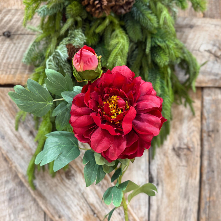 30" Red Peony Spray, Artificial Peony Flower Stem with Bud