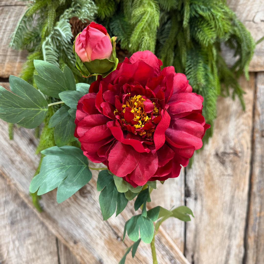 30" Red Peony Spray, Artificial Peony Flower Stem with Bud