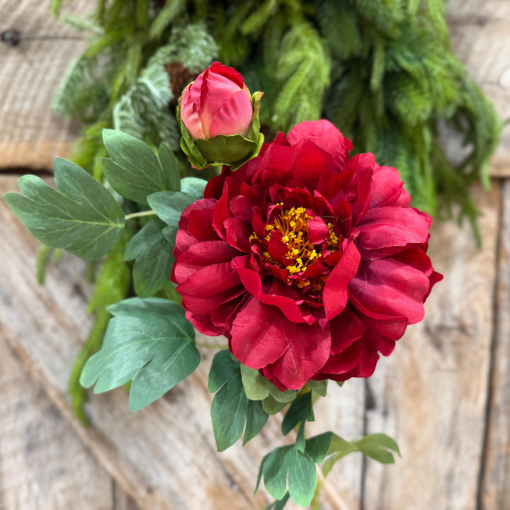30" Red Peony Spray, Artificial Peony Flower Stem with Bud