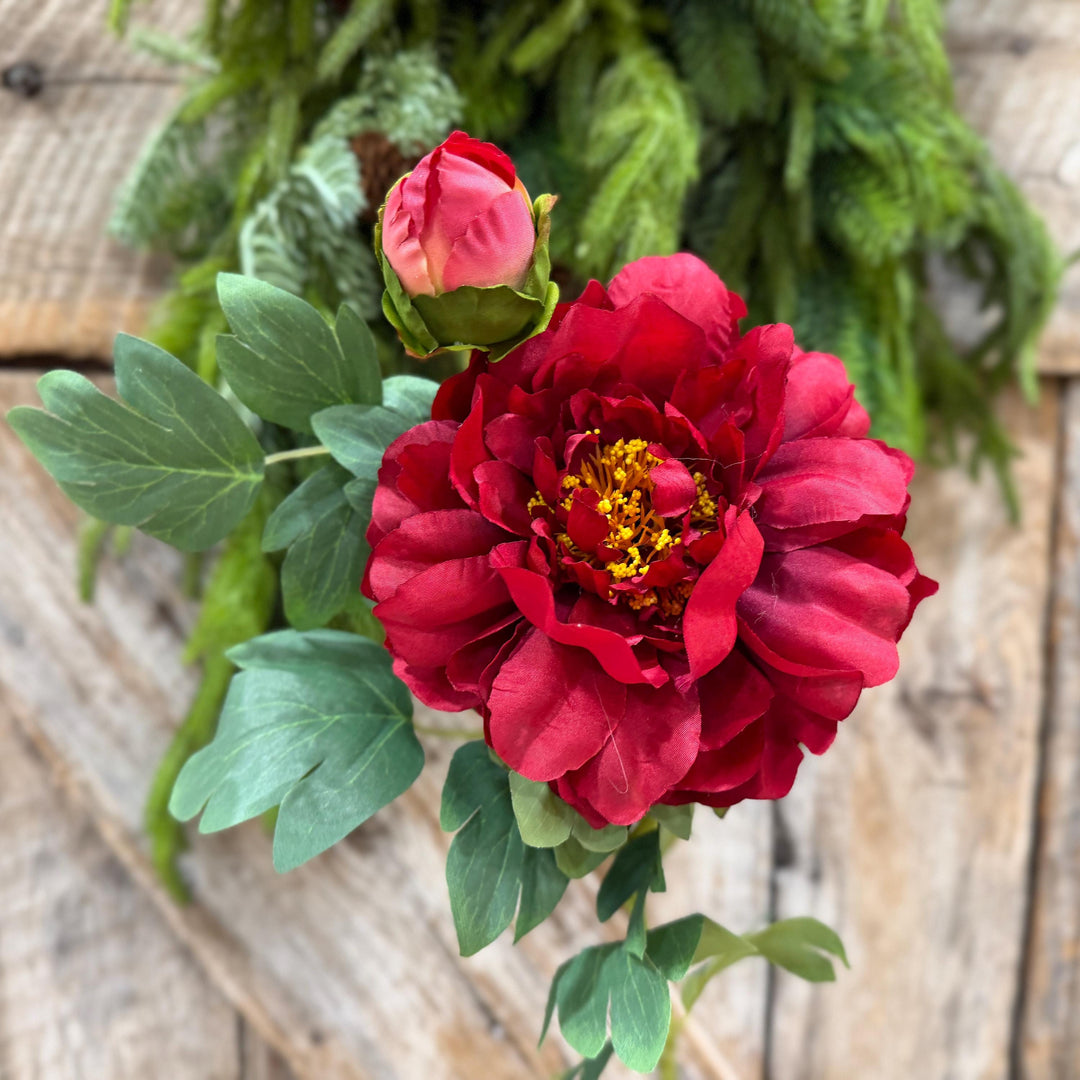 30" Red Peony Spray, Artificial Peony Flower Stem with Bud