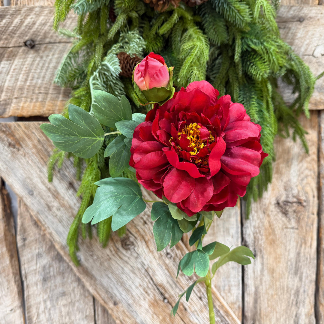 30" Red Peony Spray, Artificial Peony Flower Stem with Bud