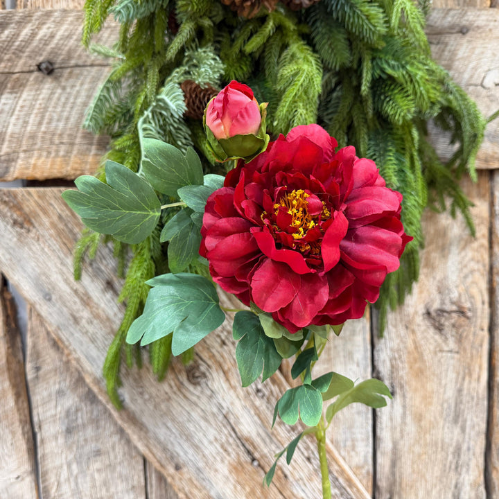 30" Red Peony Spray, Artificial Peony Flower Stem with Bud