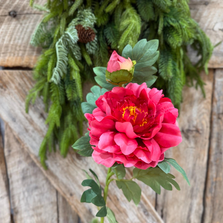 30" Hot Pink Peony Spray, Artificial Peony Flower Stem with Bud