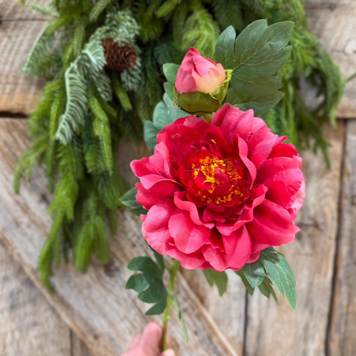 30" Hot Pink Peony Spray, Artificial Peony Flower Stem with Bud
