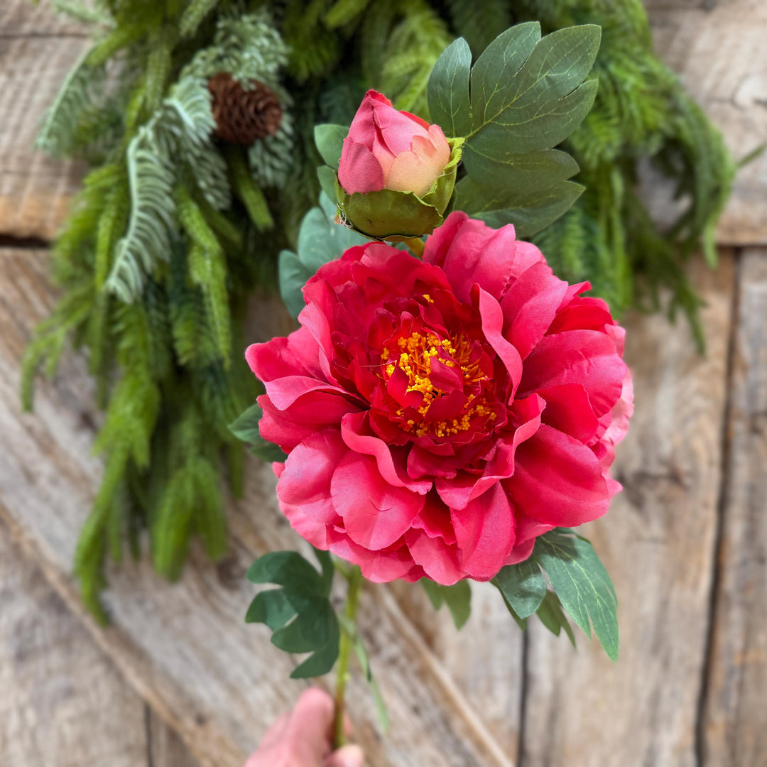 30" Hot Pink Peony Spray, Artificial Peony Flower Stem with Bud