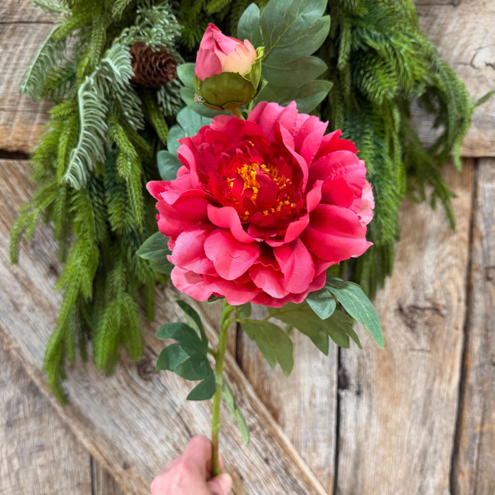 30" Hot Pink Peony Spray, Artificial Peony Flower Stem with Bud