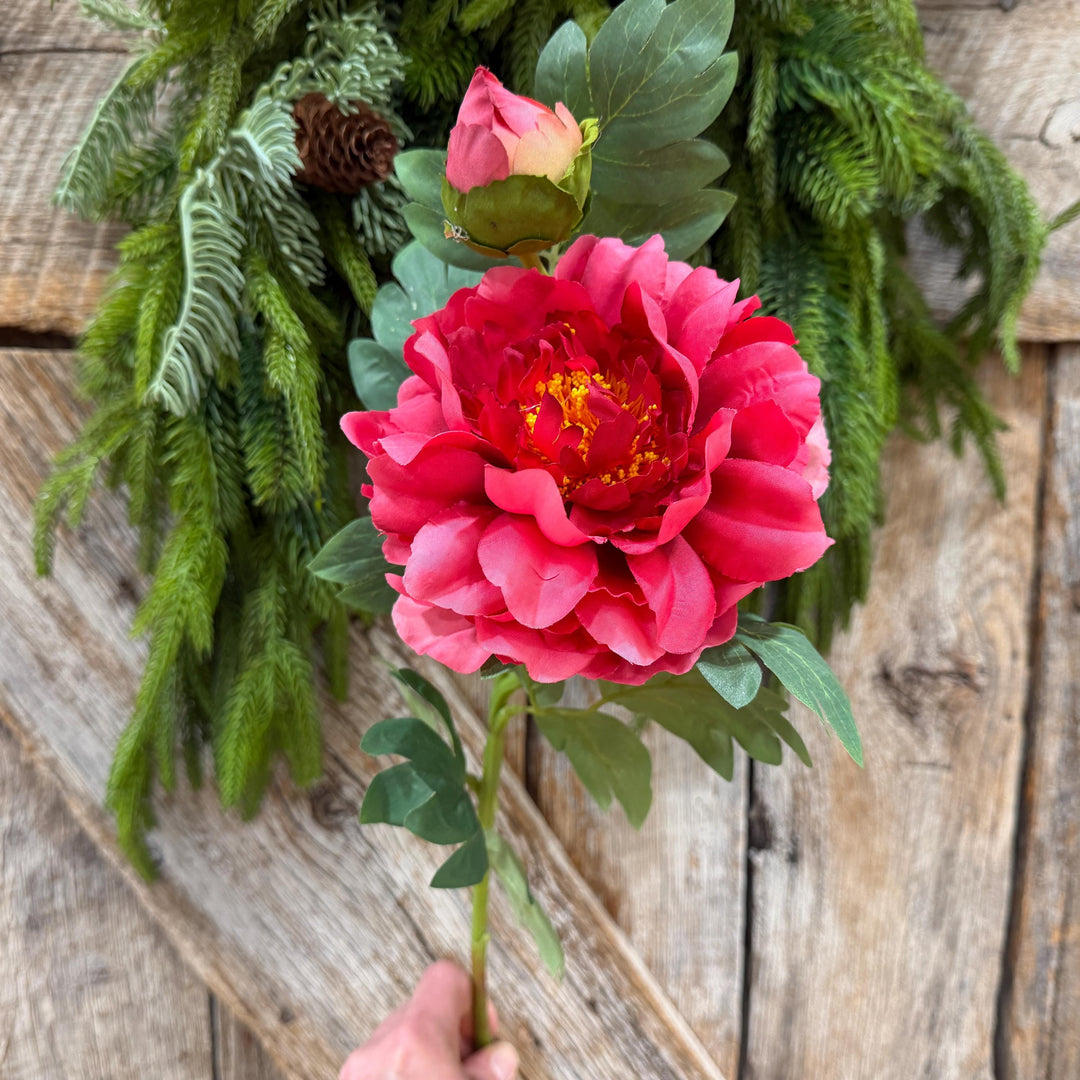 30" Hot Pink Peony Spray, Artificial Peony Flower Stem with Bud