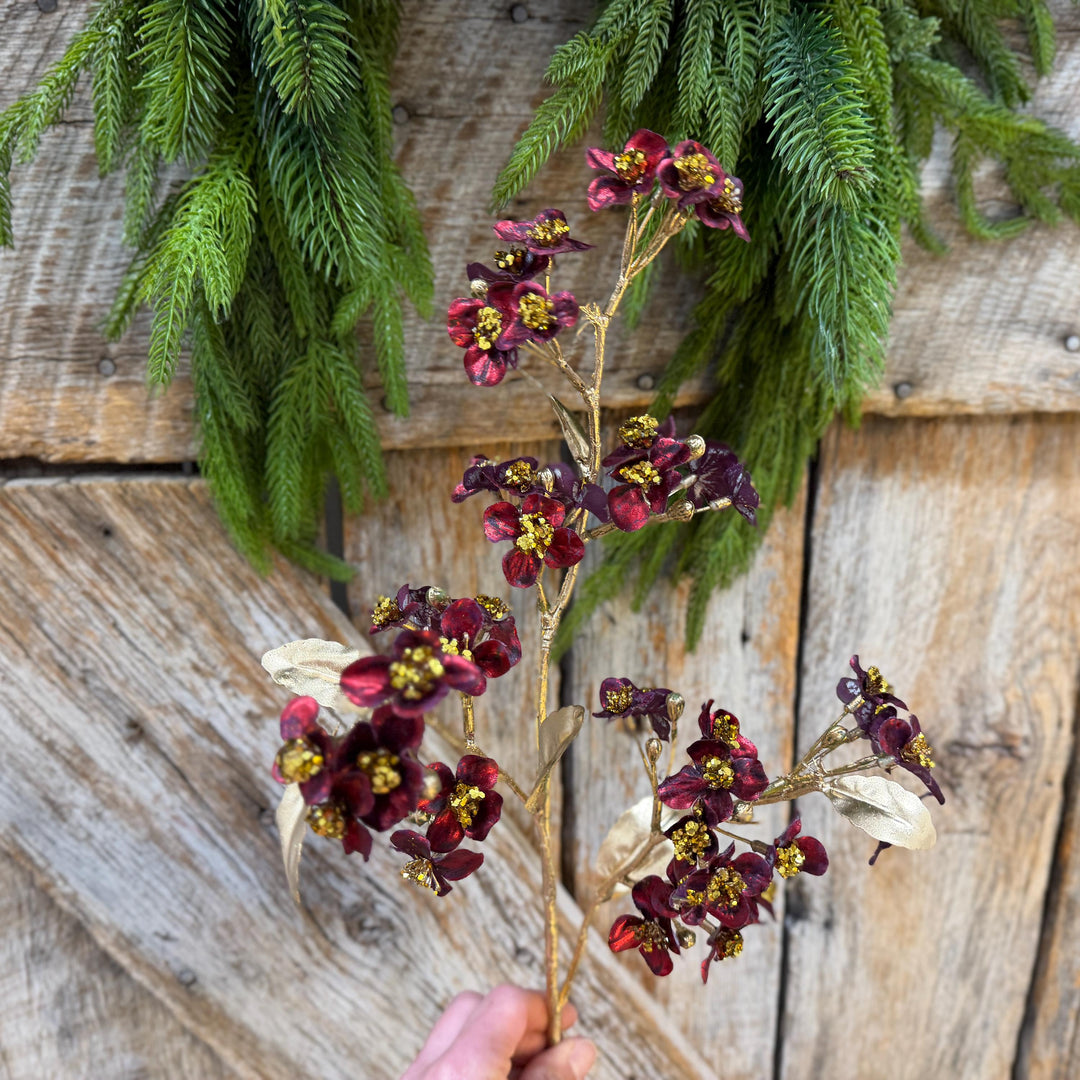 27" Burgundy Blossom Spray, Burgundy Christmas Floral Spray