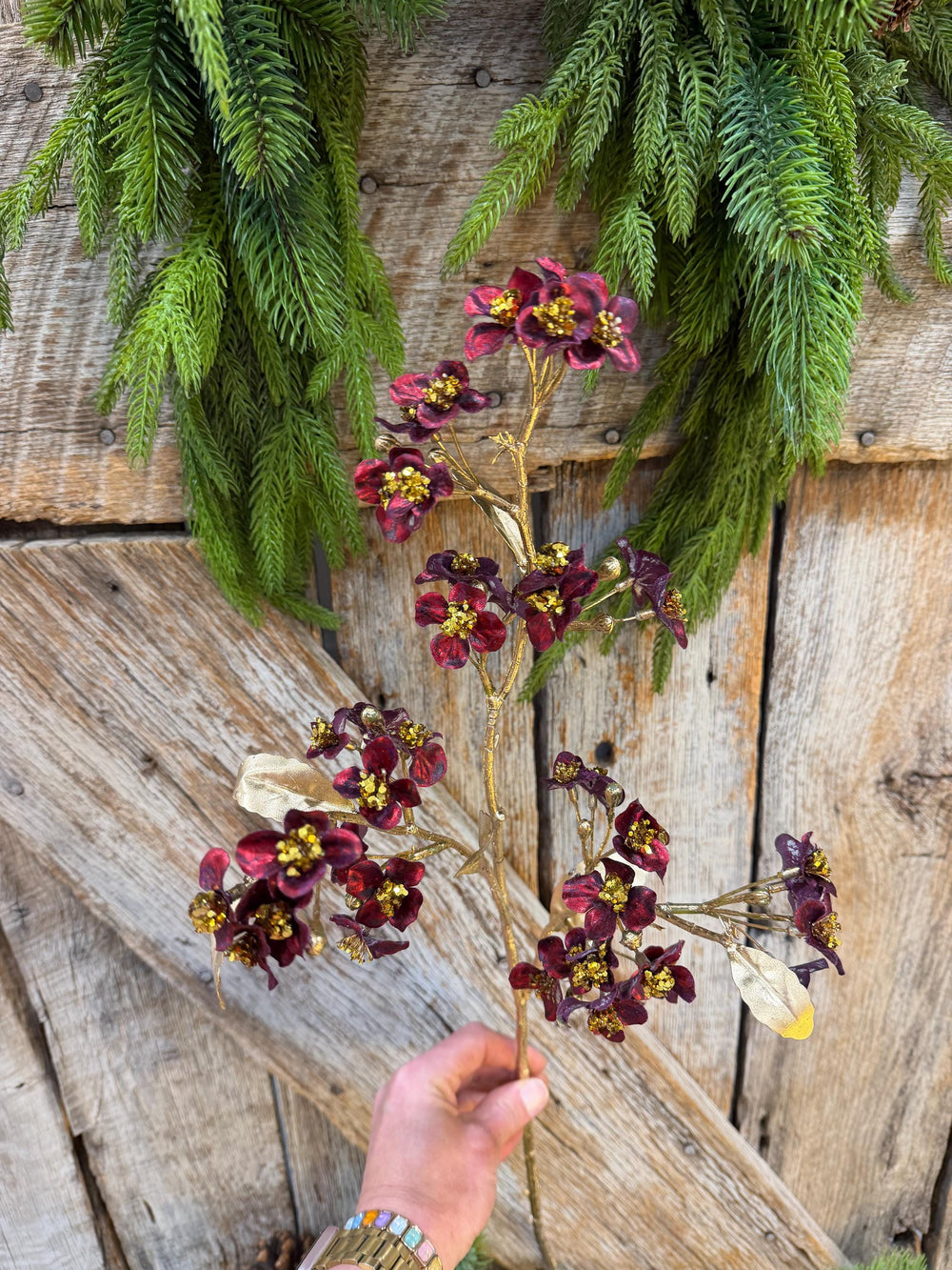 27" Burgundy Blossom Spray, Burgundy Christmas Floral Spray