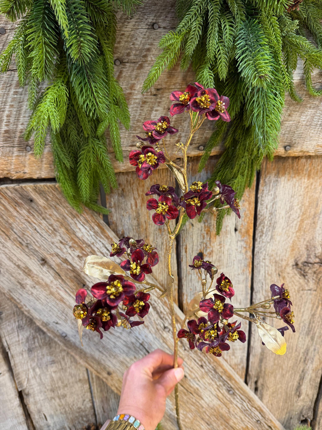 27" Burgundy Blossom Spray, Burgundy Christmas Floral Spray