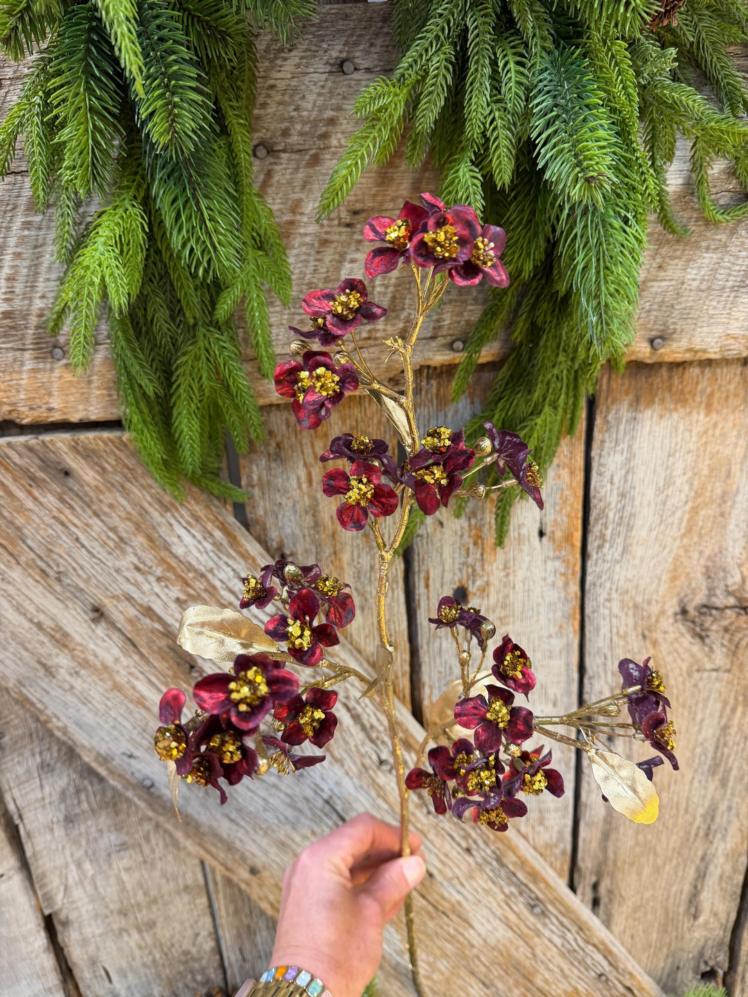 27" Burgundy Blossom Spray, Burgundy Christmas Floral Spray