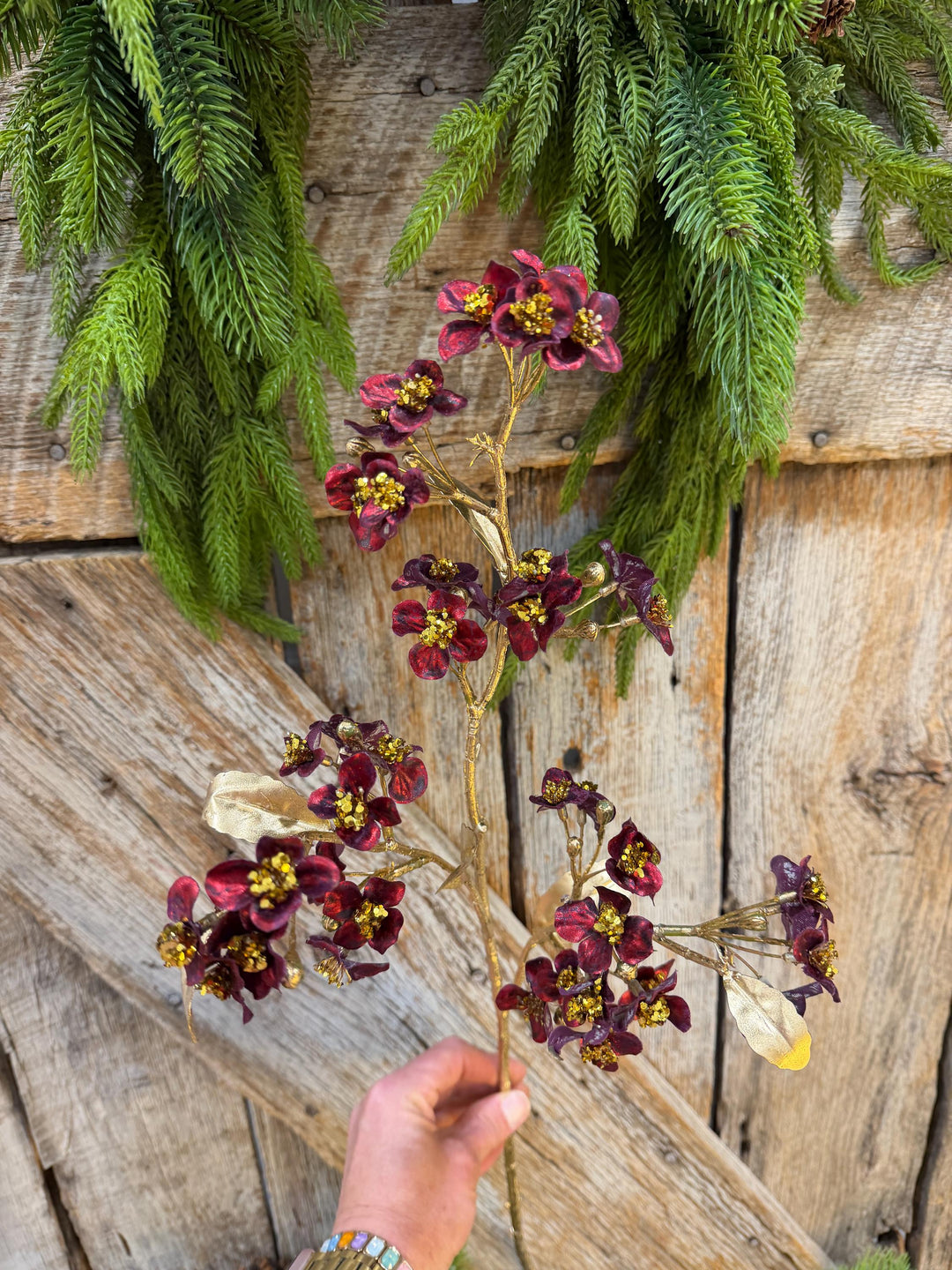27" Burgundy Blossom Spray, Burgundy Christmas Floral Spray