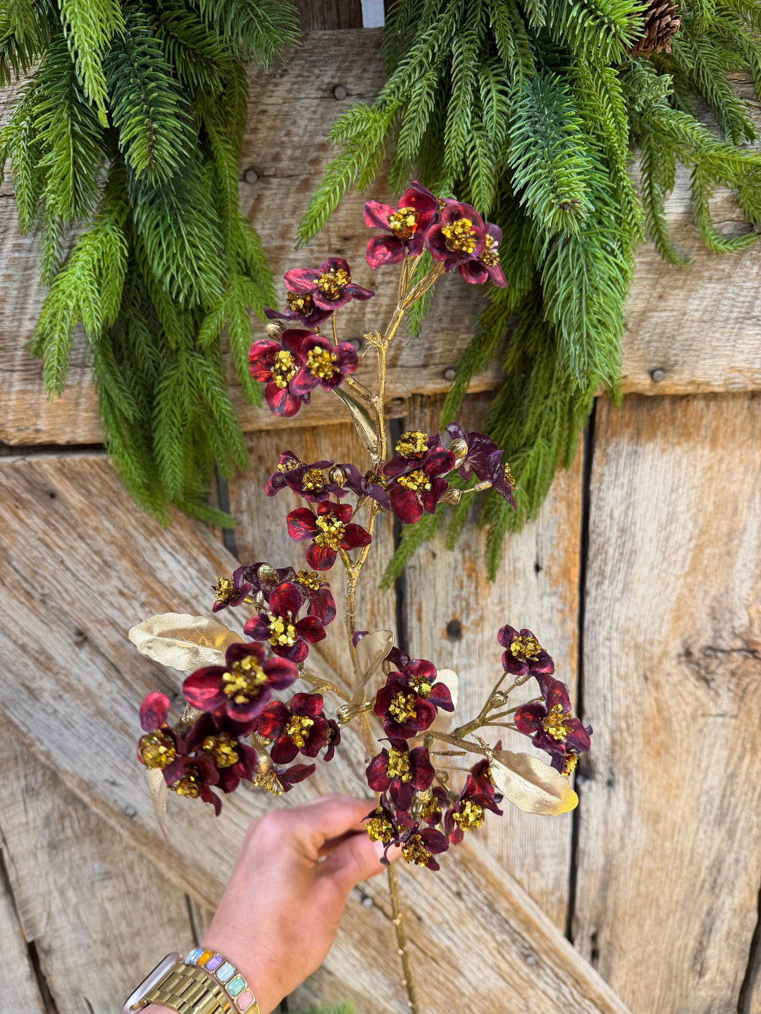 27" Burgundy Blossom Spray, Burgundy Christmas Floral Spray